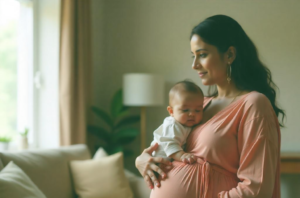 Mother holding her baby, appearing 3 months pregnant, illustrating postpartum belly concerns related to diastasis recti