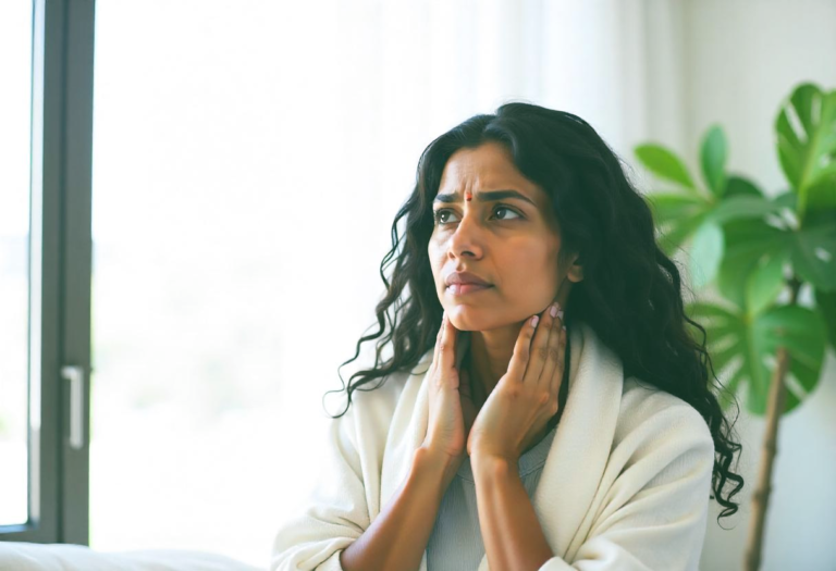 Indian woman gently checking her neck, symbolizing postpartum thyroid issues contributing to weight gain and fatigue in new moms.