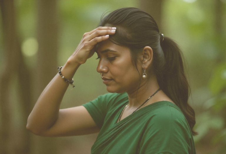 Woman holding her head in concern, symbolizing the perplexing postpartum symptom of persistent sweating and other unexpected changes.