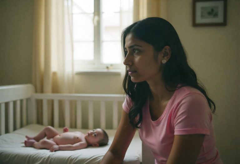 New mother sitting near her baby with a reflective expression, symbolizing the emotional and hormonal shifts that leave her feeling 'not herself' postpartum