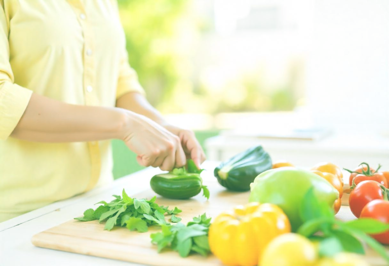 Close-up of a woman's hand chopping vibrant vegetables, symbolizing nutrient-rich Indian foods that scientifically boost breast milk supply