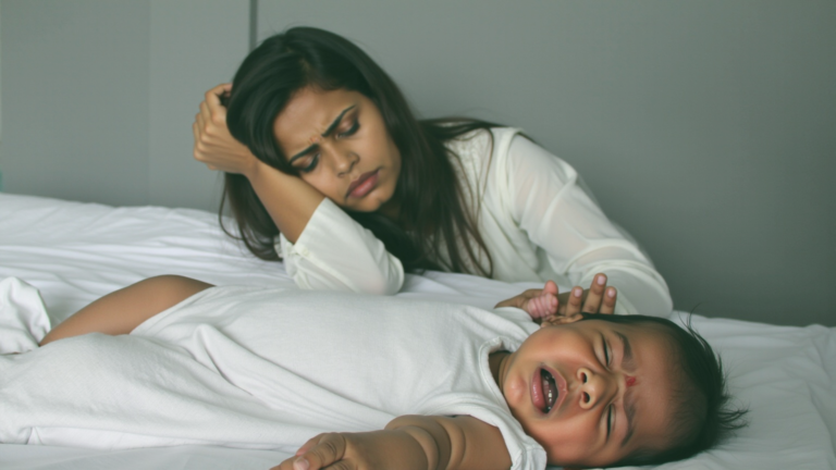 Tired new mother sitting near her bed with her baby, symbolizing practical ways to manage postpartum stress and anxiety