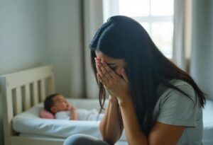 New mother crying, symbolizing the deep emotional impact and vulnerability of postpartum baby blues after childbirth.