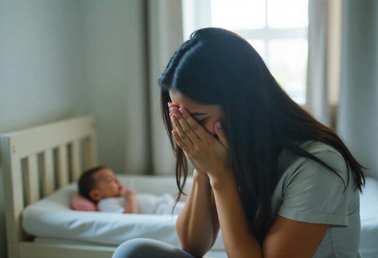 New mother crying, symbolizing the deep emotional impact and vulnerability of postpartum baby blues after childbirth.
